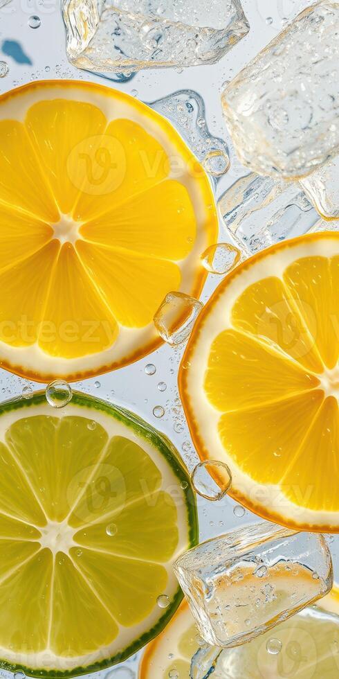 Slices of fresh lemon and lime with ice cubes create a vibrant drink background photo