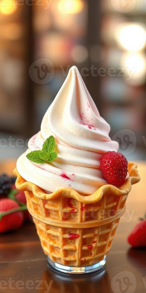 Soft serve ice cream topped with fresh strawberries and mint in a waffle cone at a dessert shop photo