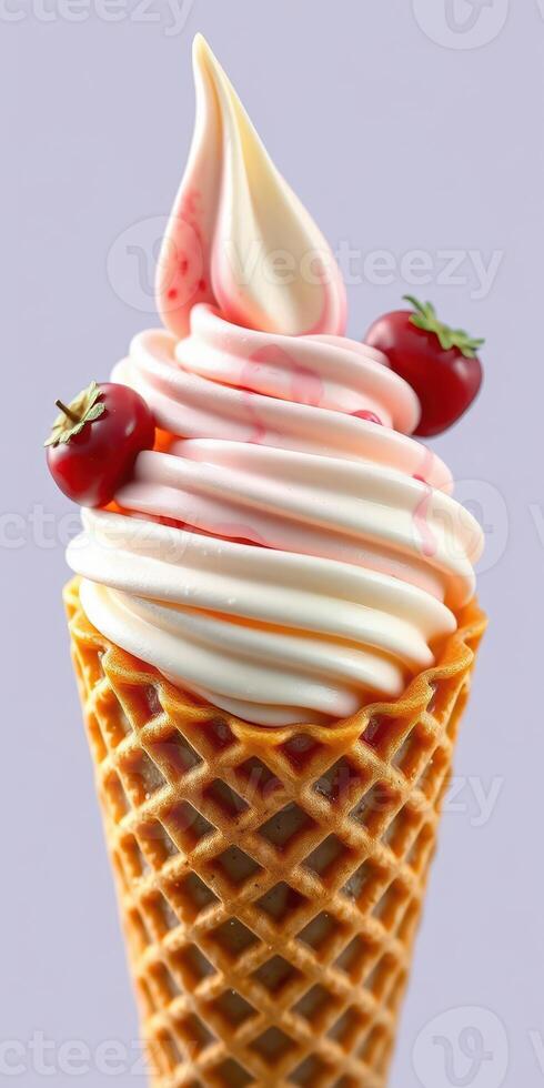 Colorful ice cream cone with cherry toppings and swirls of pink syrup on a light background photo