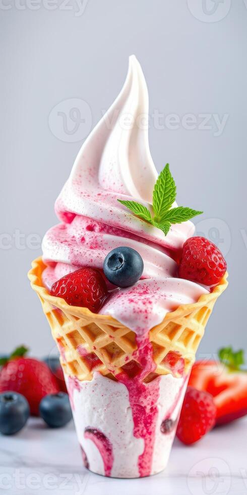 Soft serve ice cream topped with fresh berries in a waffle cone captured in a bright setting photo