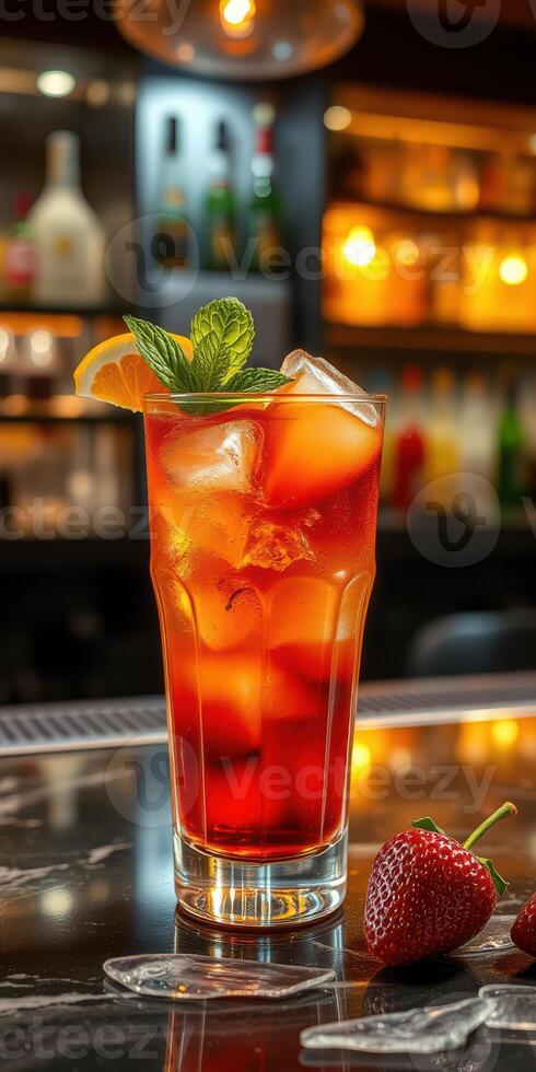 Refreshing summer cocktail with mint and citrus served in a bar photo