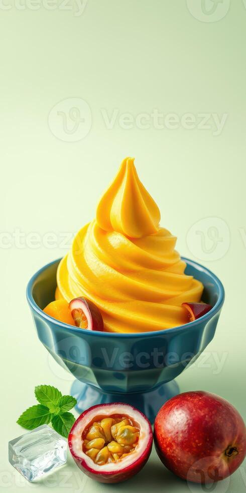 Smooth and creamy mango soft serve displayed in a blue bowl with fresh fruits and mint leaves on light background photo