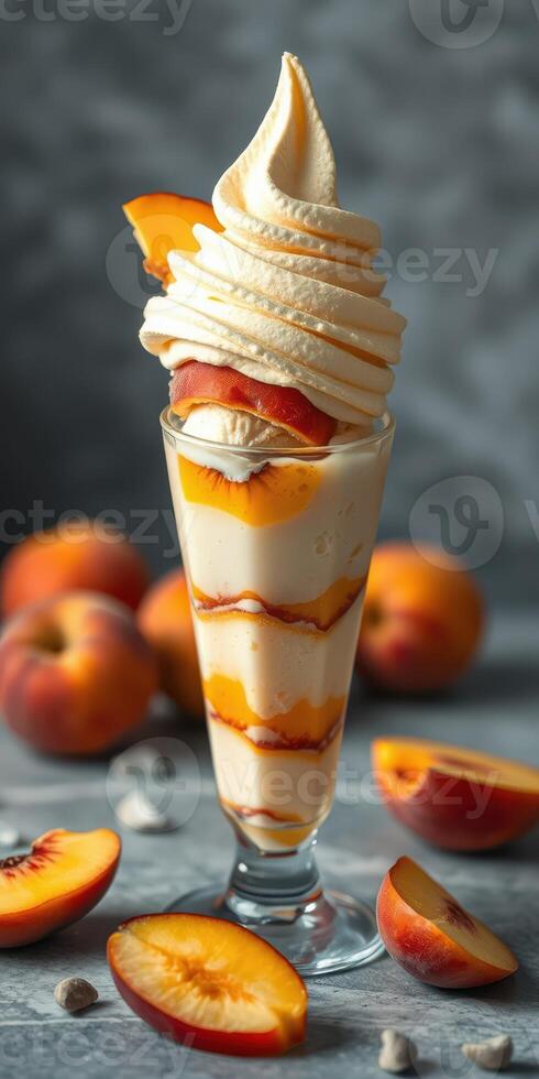 Creamy peach dessert with whipped topping and fresh fruit on a gray background photo