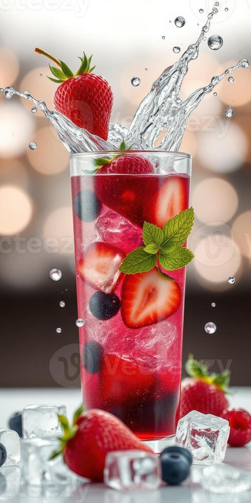 Beautiful berry drink with ice and mint splashing at a social gathering during summer evening photo