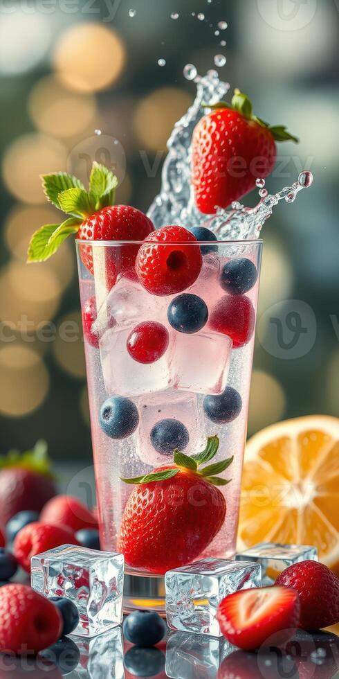 Refreshing summer beverage with mixed berries and citrus on a bright background photo