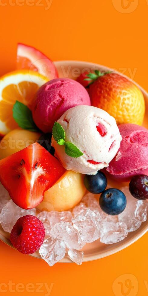 Colorful fruit bowl with three scoops of ice cream served on ice in a vibrant setting photo