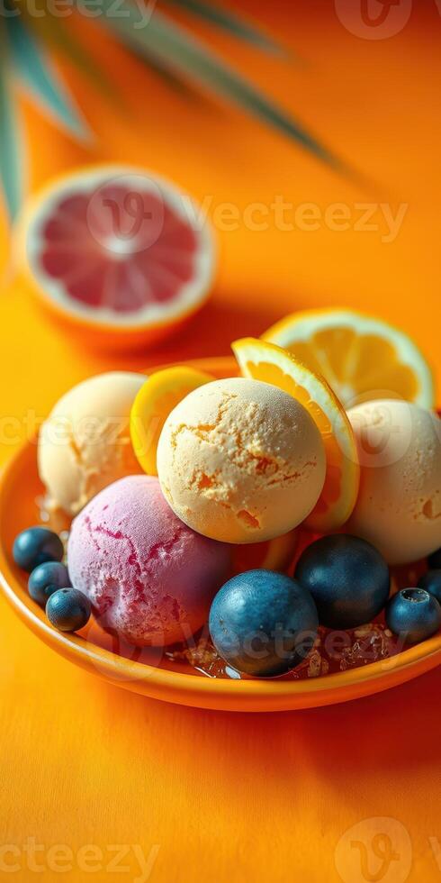 Vibrant arrangement of ice cream scoops with fresh citrus fruits and berries on a bright orange background photo