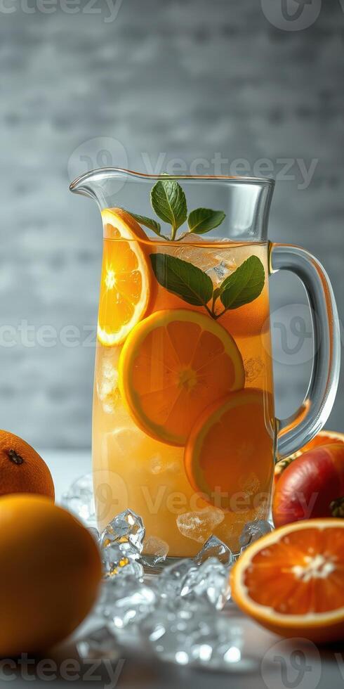 Refreshing citrus drink in a glass pitcher with ice and fresh fruit on a light background photo