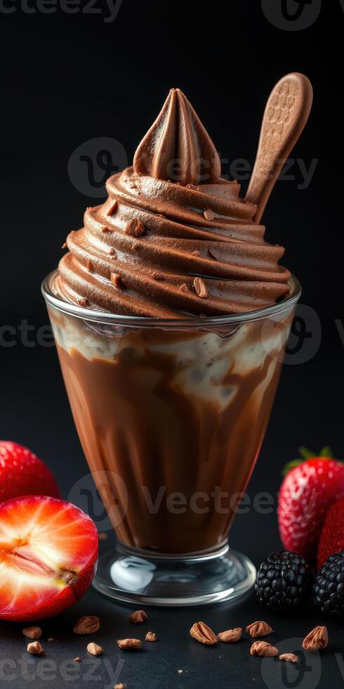 Rich chocolate soft serve topped with whipped cream alongside fresh strawberries and blackberries photo