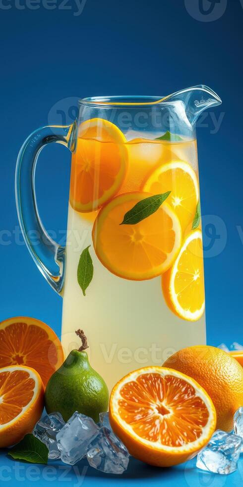 Refreshing citrus beverage with orange slices garnished with mint on blue background photo