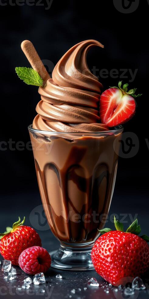 Chocolate swirl dessert served in a glass with fresh strawberries on a dark background photo