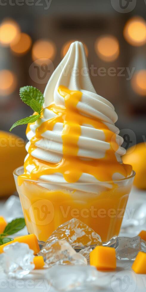 Delicious mango soft serve topped with fresh fruit and vibrant mango sauce in a cozy dessert setting photo