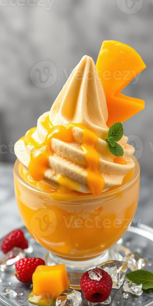 Delicious frozen dessert topped with fresh mango and raspberries served in a clear glass bowl photo