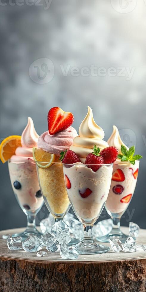 Delicious dessert display featuring various ice cream sundaes with fresh strawberries and oranges photo
