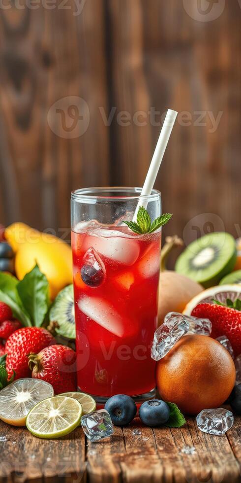 Refreshing fruit cocktail with colorful ingredients and ice served in a clear glass on a wooden table photo