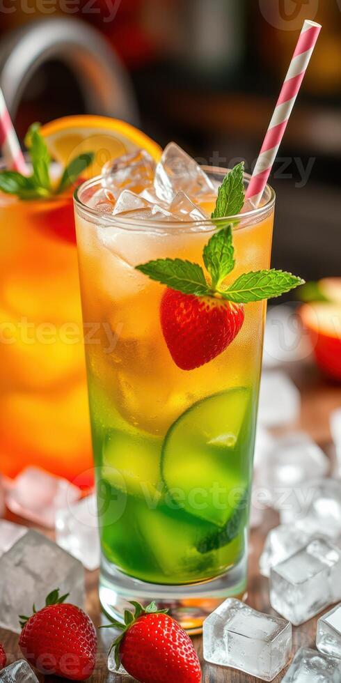 Refreshing colorful cocktail served in a tall glass with ice, fruit, and mint leaves at a summer gathering photo