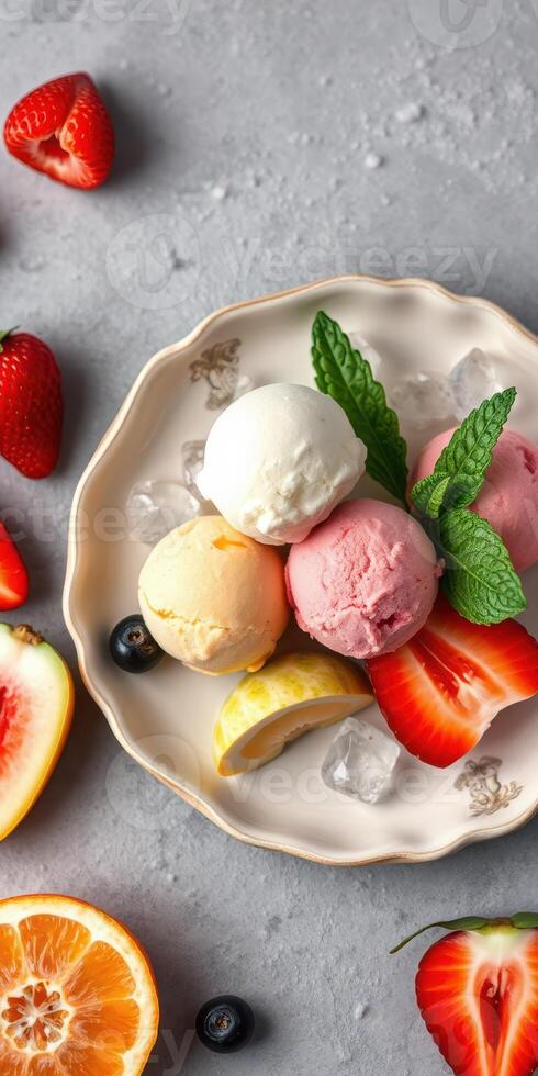 Colorful assortment of ice cream scoops with fresh fruit and mint garnish on a decorative plate photo