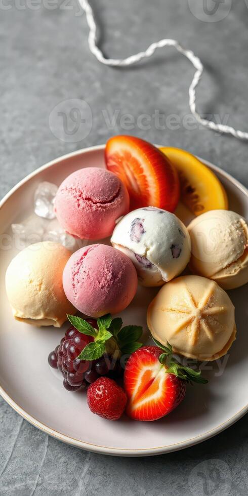 Colorful scoop of ice cream with fresh fruits served on a plate in a modern setting photo