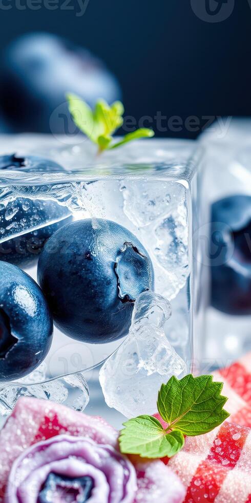 Fresh blueberries surrounded by ice cubes and mint leaves on a vibrant background during summertime photo