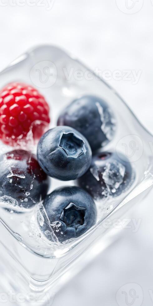 Refreshing frozen berries in ice for a cool beverage on a sunny day photo