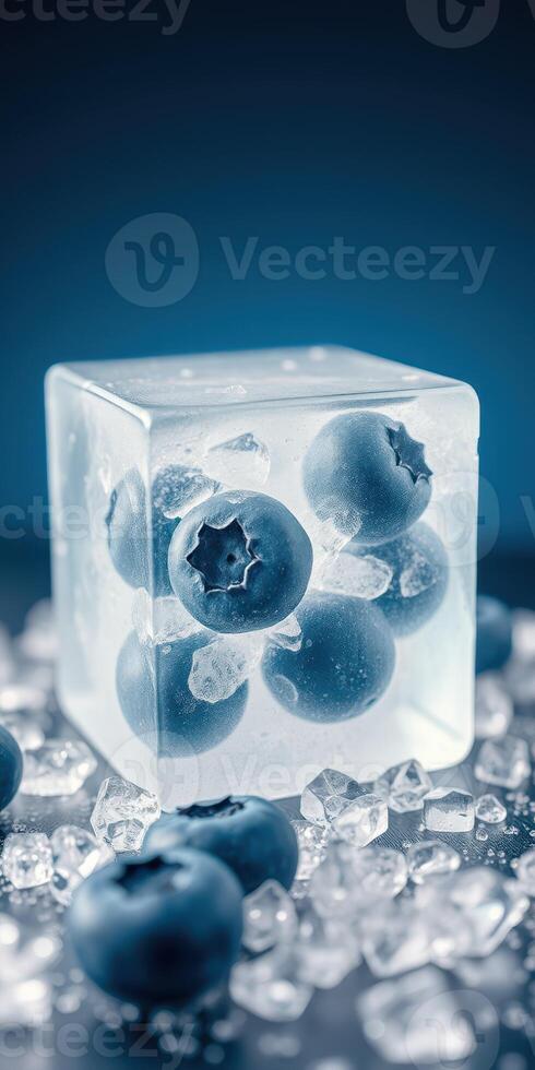 Frozen blueberries trapped in ice cube on a dark background with crushed ice sprinkled around photo