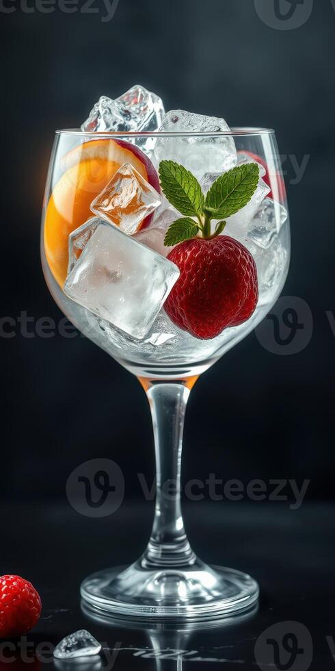 Refreshing fruit cocktail with ice, strawberries, and orange slices in a clear glass on a dark background photo