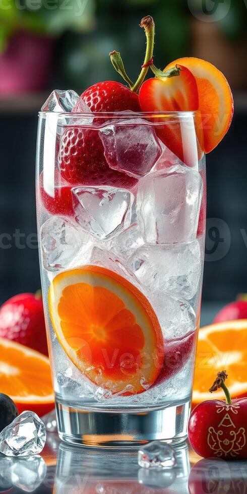 Refreshing summer drink in a glass filled with ice and vibrant fruits on a reflective surface photo