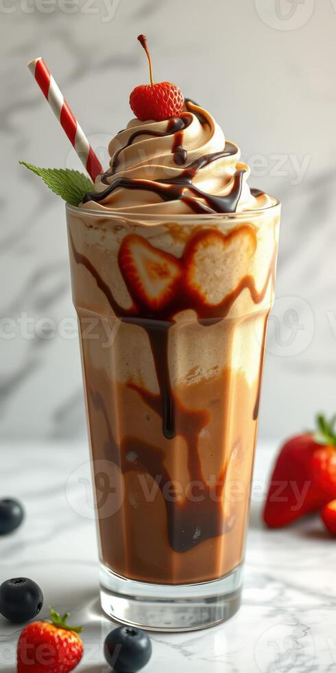 Creamy chocolate and strawberry milkshake topped with whipped cream and cherry in a tall glass on a marble surface photo