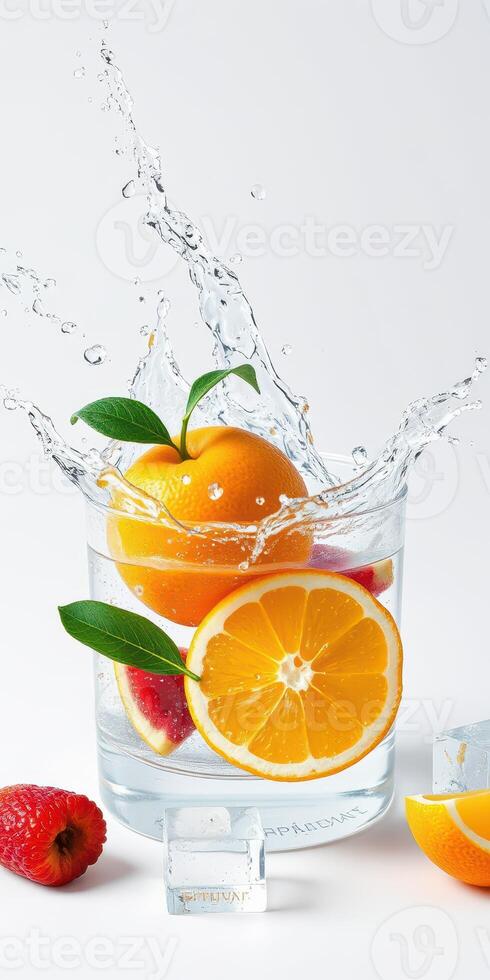 Fresh fruits splash in clear water creating a vibrant and refreshing atmosphere for a summer drink photo