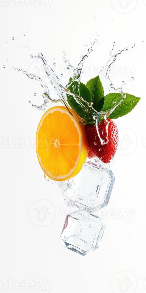 Vibrant fruits and ice cubes create an enticing splash in refreshing drink preparation photo