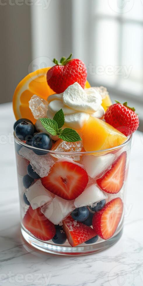 Refreshing summer fruit dessert with strawberries, blueberries, and melon topped with whipped cream photo