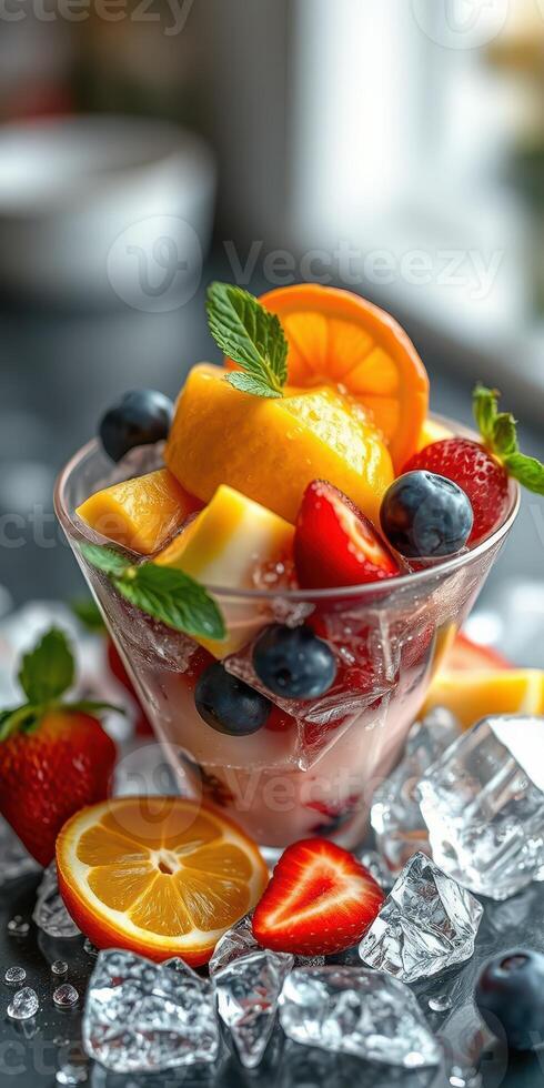 Colorful fruit salad with a variety of fresh berries and citrus served in a glass bowl on ice photo