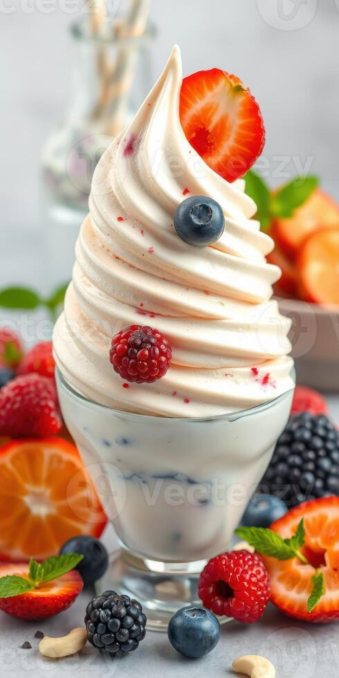 Delicious swirl of creamy dessert topped with fresh fruits in a vibrant setting with assorted berries and citrus photo