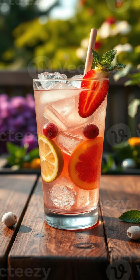 Refreshing summer drink with fresh fruit on a sunny afternoon in a garden setting photo