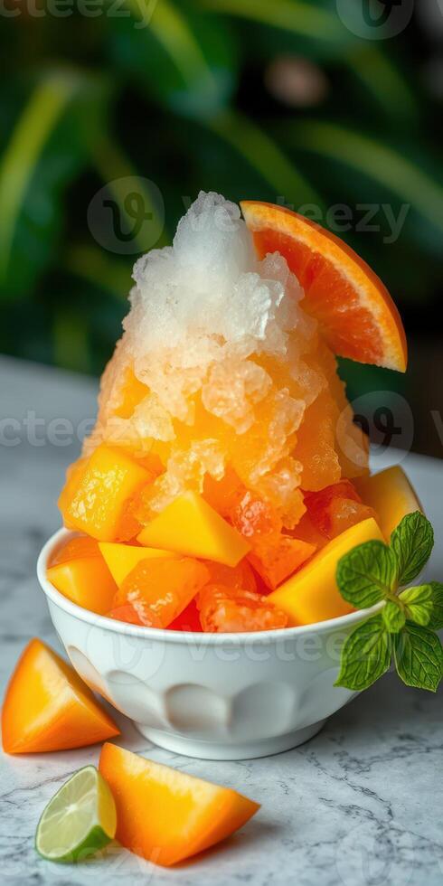 Refreshing tropical fruit bowl with crushed ice and mint served at a vibrant outdoor setting photo