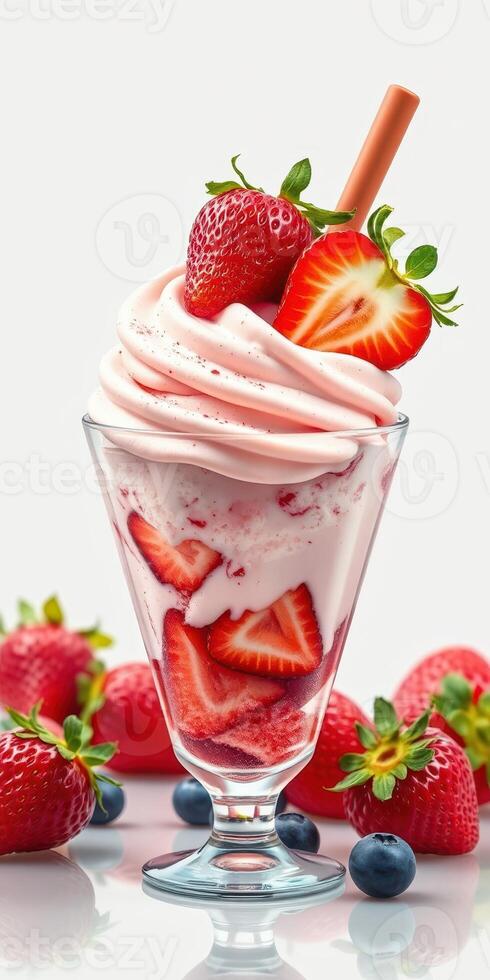Delicious strawberry swirl ice cream dessert topped with fresh strawberries and blueberries served in a glass cup photo