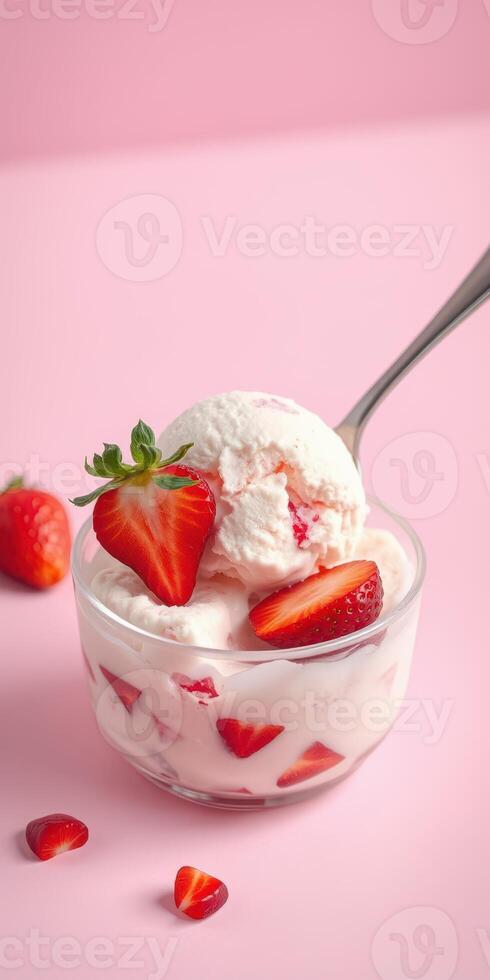 Delicious strawberry ice cream served in a glass bowl on a pink background during a summer afternoon photo