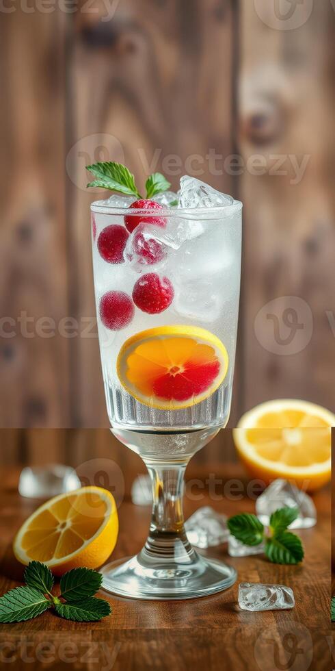 Refreshing cocktail with raspberries and citrus served in a tall glass on wooden surface photo