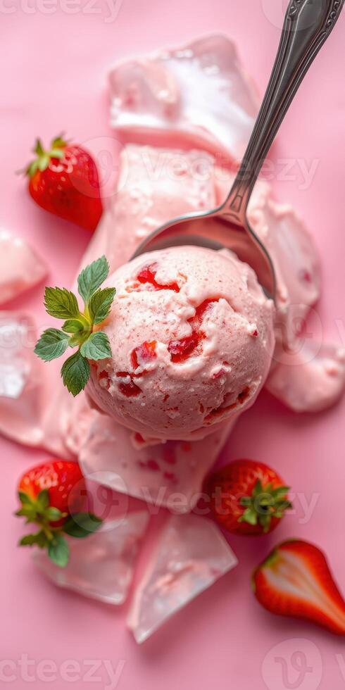 Delicious strawberry ice cream scoop with fresh strawberries on a pink background photo