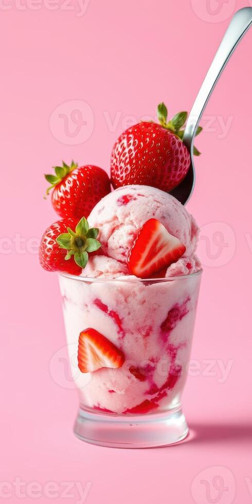 Fresh strawberry ice cream served in a clear glass bowl with whole strawberries on top against a pink background photo
