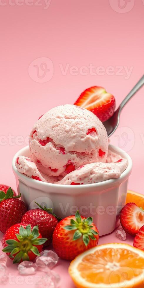 Strawberry ice cream served in a bowl with fresh strawberries and citrus on a pink background photo