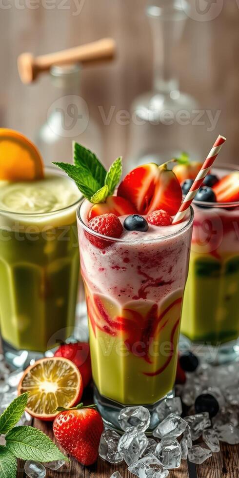 Refreshing summer beverages featuring vibrant fruits and greens on a bright table with ice cubes photo