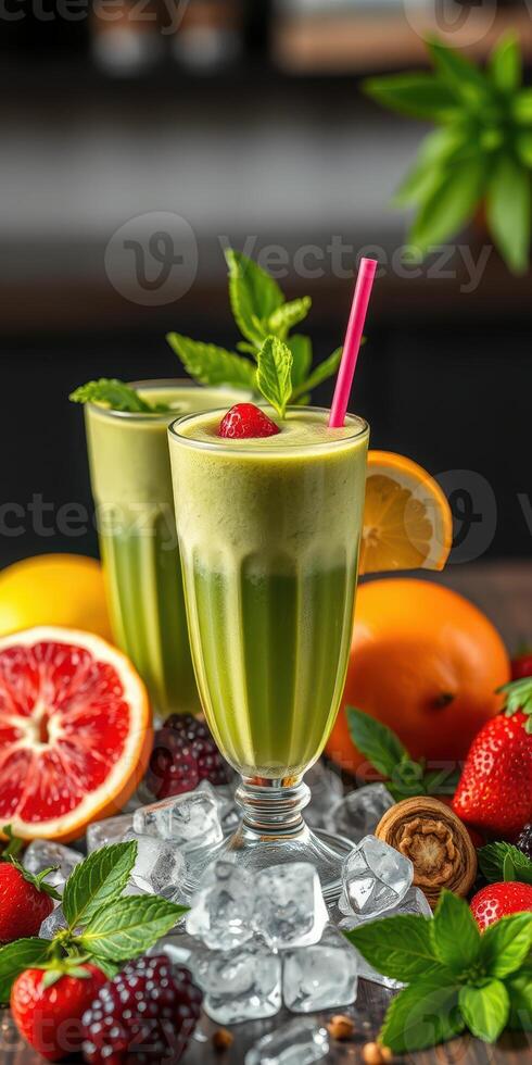 Refreshing green smoothies served with assorted fruits at a vibrant setting photo