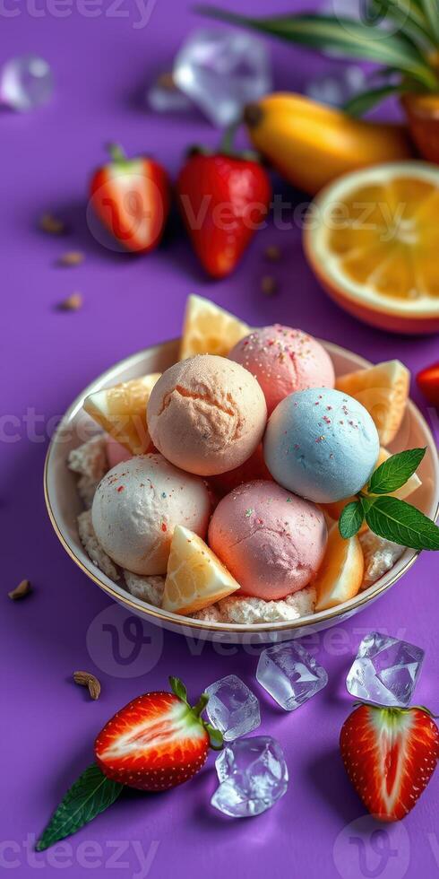 Colorful ice cream dessert with fresh fruits and ice on a vibrant purple background photo