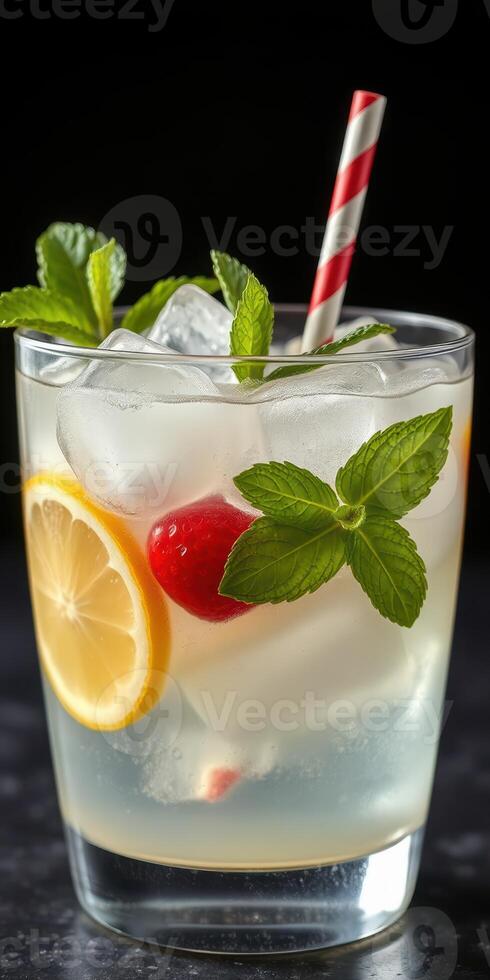 Refreshing lemon and mint cocktail served in a clear glass with ice and garnish in a stylish setting photo