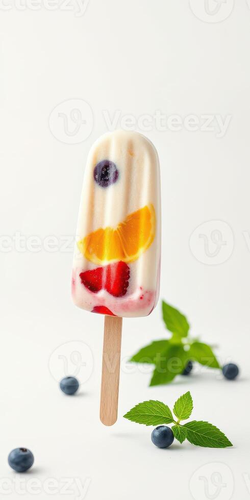 Colorful fruit popsicle with mint and berries on a white background photo
