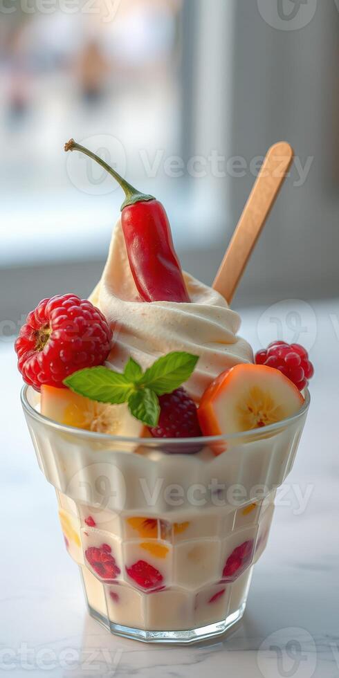 Delicious dessert featuring soft-serve ice cream topped with fresh fruits and a chili pepper in a stylish glass dish photo
