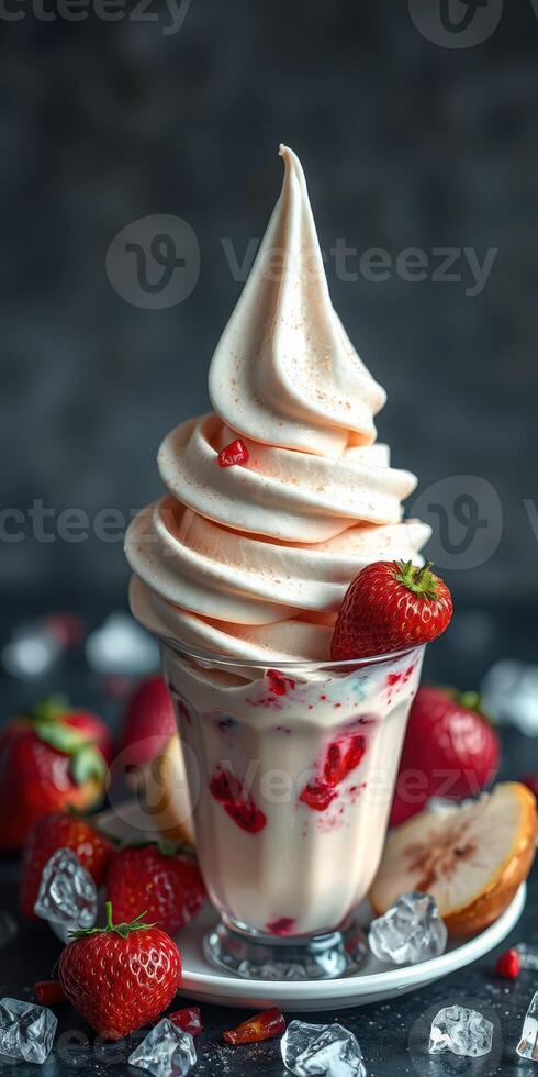 Delicious soft serve with strawberries and ice surrounded by fresh strawberries and citrus at a summer gathering photo