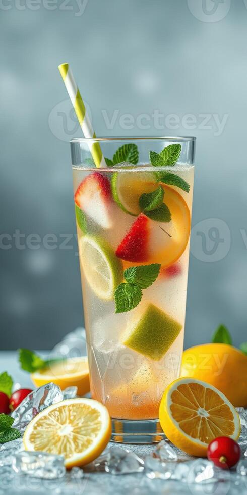 Refreshing summer beverage with assorted fruits and mint on a cool surface photo