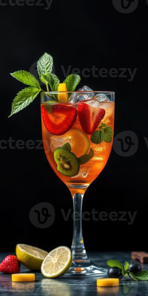 Refreshing fruit cocktail garnished with mint and assorted berries in a stylish glass on a dark background photo